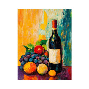 Bold wine bottle and fruit still life canvas art for modern dining room decor.