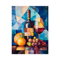 Cubist wine bottle and fruit still life canvas art for dining room decor.