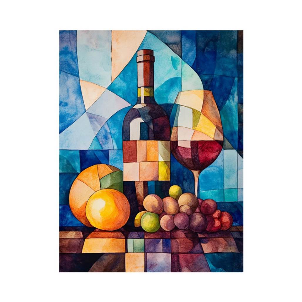 Cubist wine bottle and fruit still life canvas art for dining room decor.