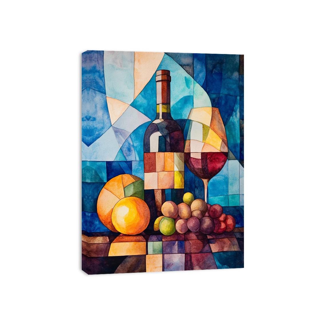 Cubist wine bottle and fruit still life canvas art for dining room decor.