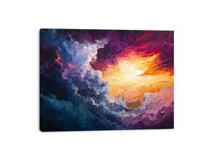 Dramatic sunset cloud canvas art for modern living room wall decor.