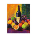 Colorful fruit and wine bottle still life canvas art for kitchen decor.