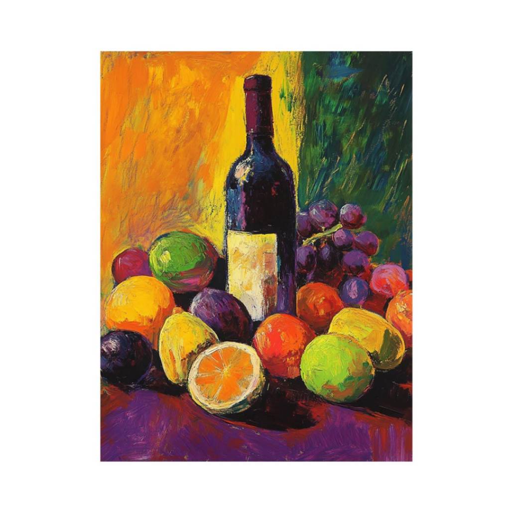 Colorful fruit and wine bottle still life canvas art for kitchen decor.