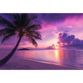 Purple tropical beach sunset canvas art with palm tree for bedroom decor.