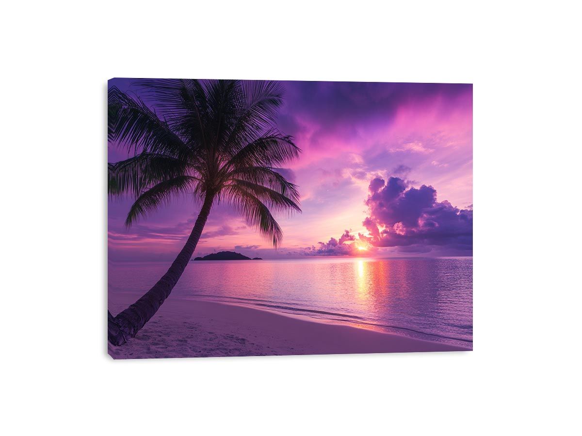 Purple tropical beach sunset canvas art with palm tree for bedroom decor.