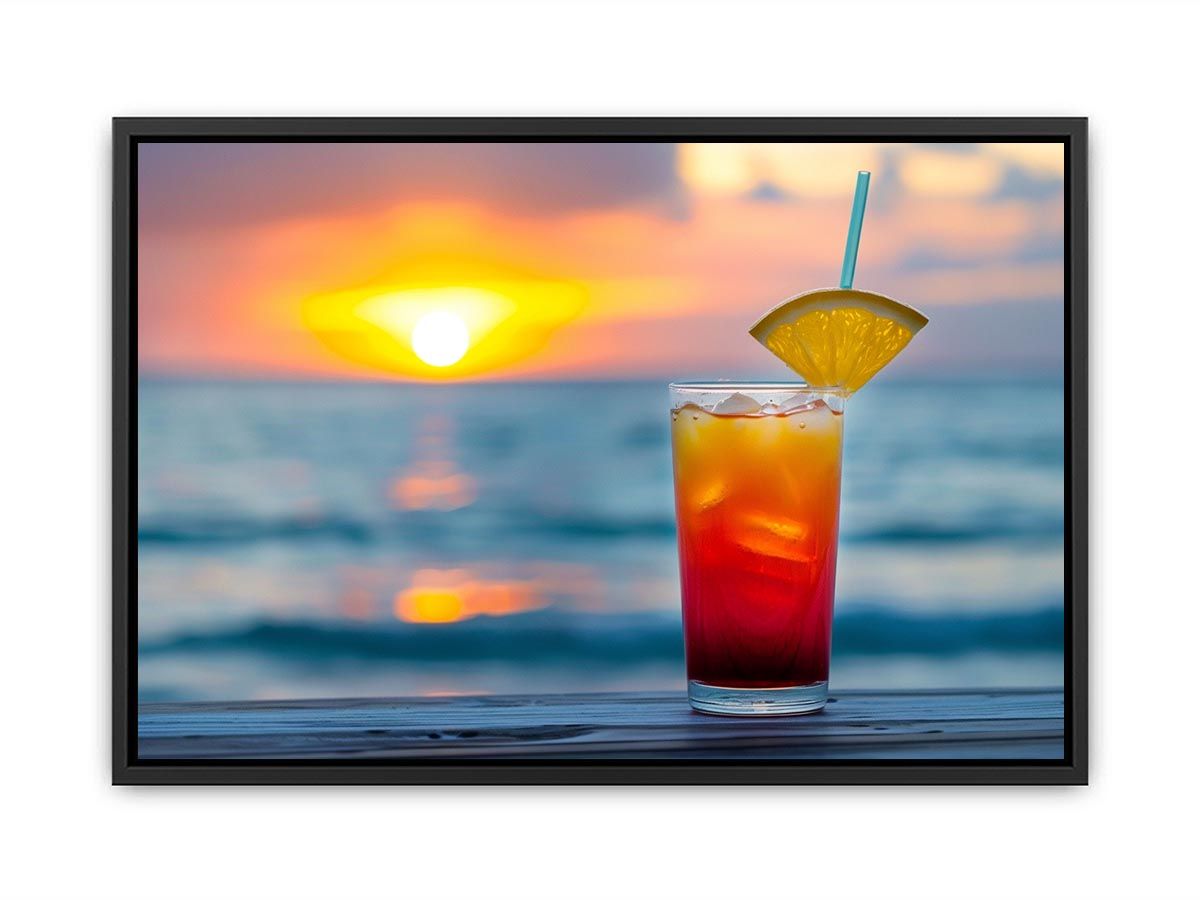 Tropical cocktail sunset canvas art for coastal kitchen and home bar decor.