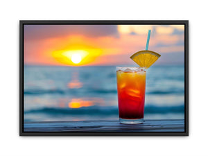 Tropical cocktail sunset canvas art for coastal kitchen and home bar decor.