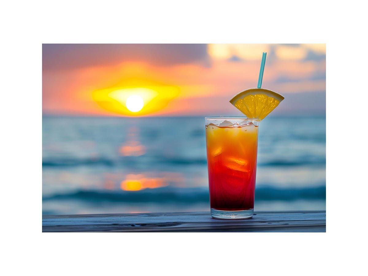 Tropical cocktail sunset canvas art for coastal kitchen and home bar decor.