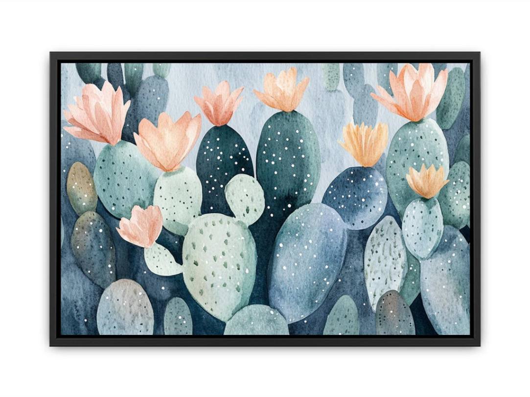 Soft watercolor cactus flower canvas art for calm bedroom wall decor.