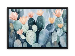 Soft watercolor cactus flower canvas art for calm bedroom wall decor.