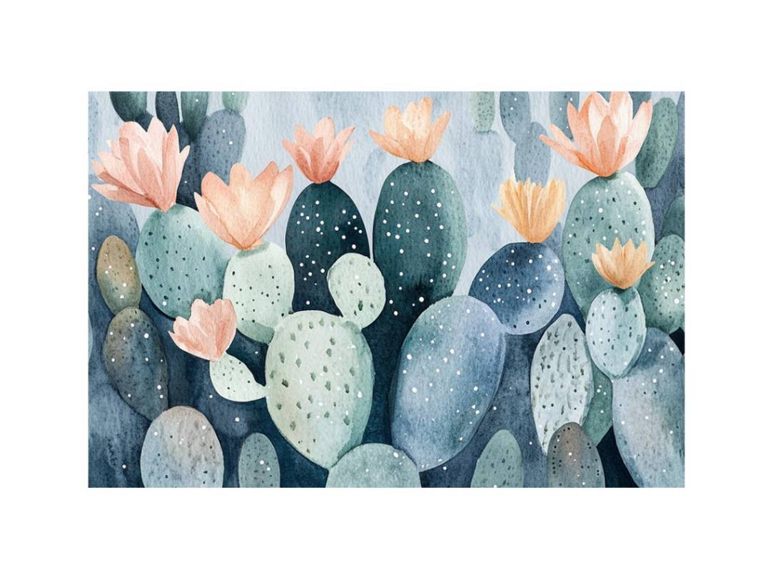 Soft watercolor cactus flower canvas art for calm bedroom wall decor.
