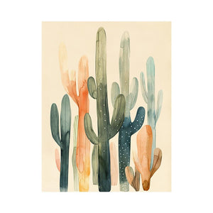 Minimal watercolor cactus canvas art in sage and peach for hallway decor.