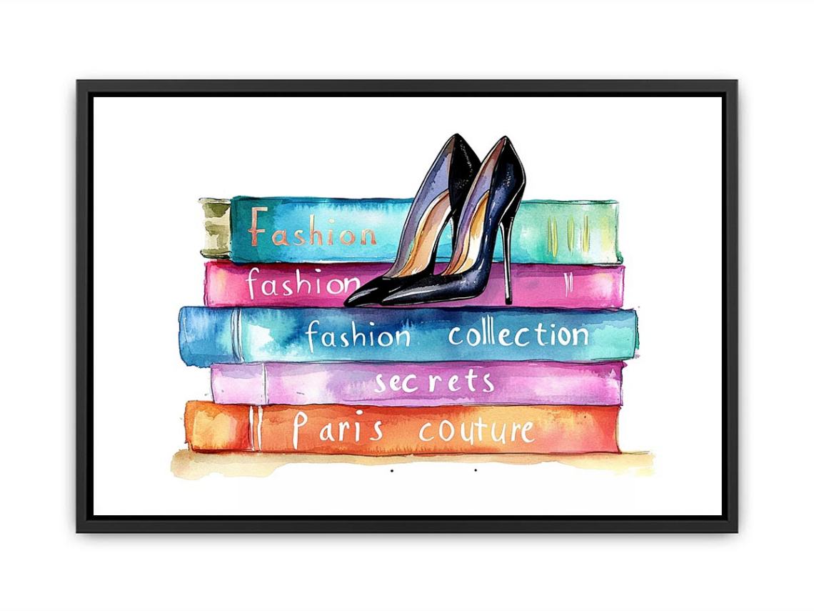 Fashion books and high heels watercolor canvas art for chic bedroom decor.