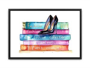 Fashion books and high heels watercolor canvas art for chic bedroom decor.
