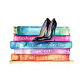 Fashion books and high heels watercolor canvas art for chic bedroom decor.