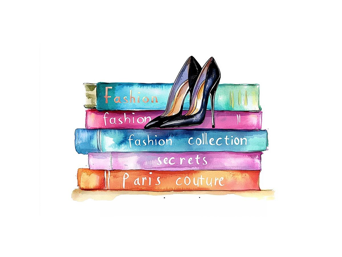 Fashion books and high heels watercolor canvas art for chic bedroom decor.