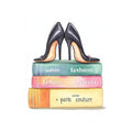 Black high heels and fashion books canvas art for chic bedroom decor.