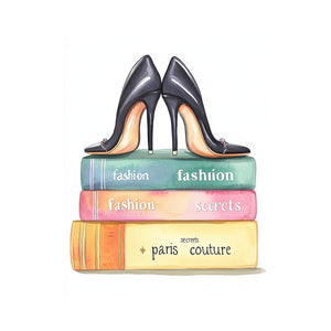 Black high heels and fashion books canvas art for chic bedroom decor.