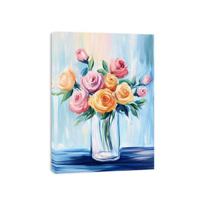 Soft rose vase canvas art with pastel flowers for bedroom wall decor.