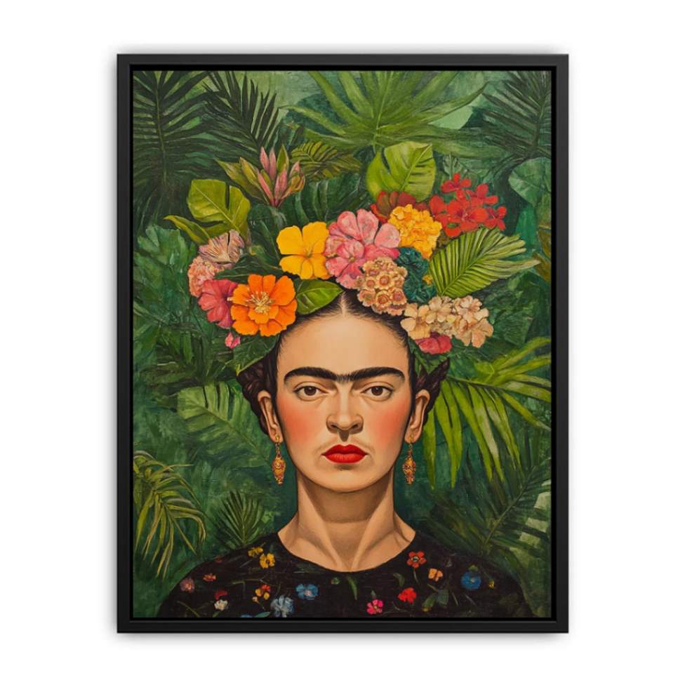Tropical floral woman portrait canvas art for bold living room decor.