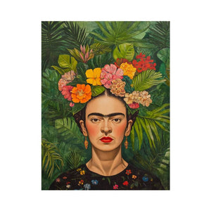 Tropical floral woman portrait canvas art for bold living room decor.