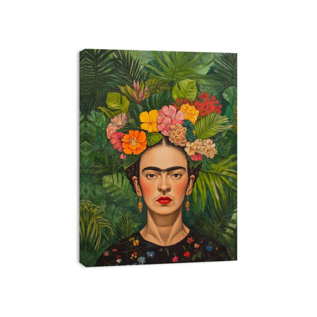 Tropical floral woman portrait canvas art for bold living room decor.