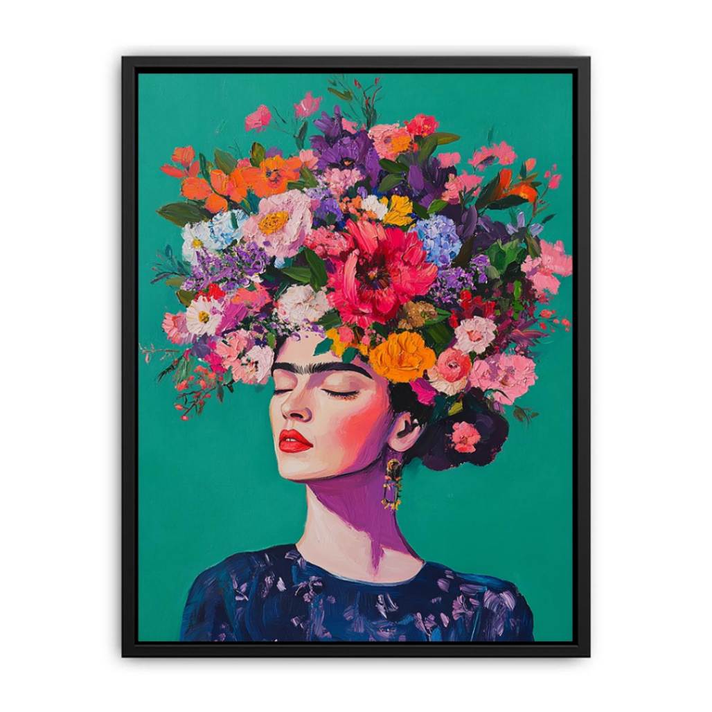 Bold floral woman portrait canvas art with teal background for bedroom decor.