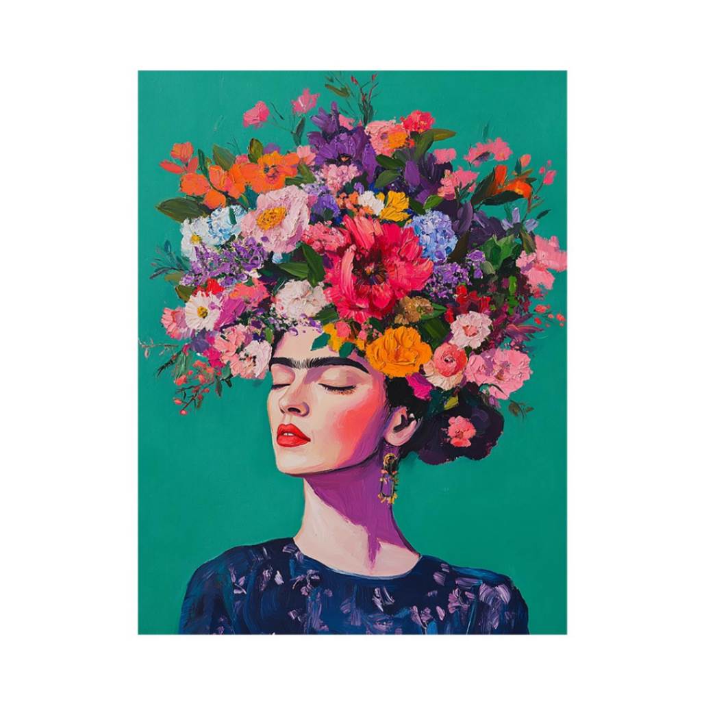 Bold floral woman portrait canvas art with teal background for bedroom decor.