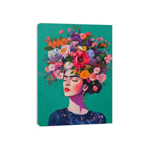 Bold floral woman portrait canvas art with teal background for bedroom decor.