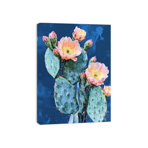 Blooming prickly pear cactus canvas art for modern bedroom wall decor.