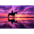 Cowboy on horse silhouette at purple sunset for western living room wall art.
