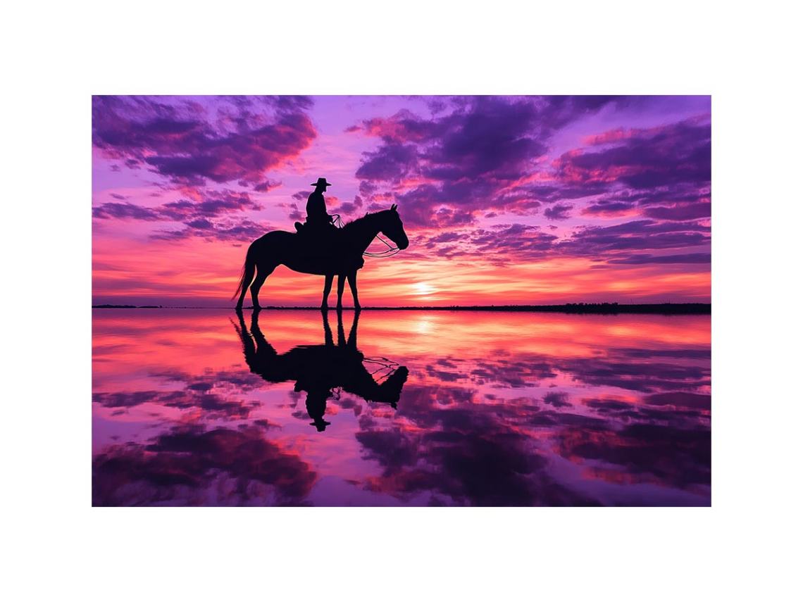 Cowboy on horse silhouette at purple sunset for western living room wall art.