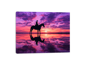 Cowboy on horse silhouette at purple sunset for western living room wall art.