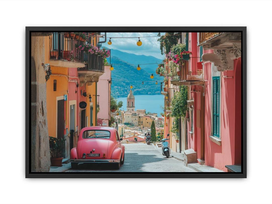 Pink vintage car on Mediterranean street with lake view for travel wall art.