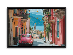 Pink vintage car on Mediterranean street with lake view for travel wall art.