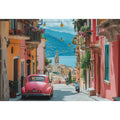 Pink vintage car on Mediterranean street with lake view for travel wall art.