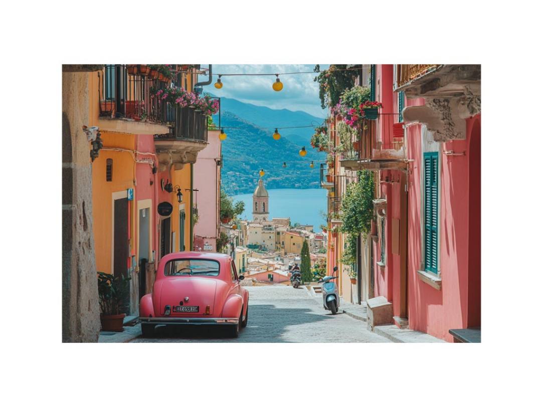 Pink vintage car on Mediterranean street with lake view for travel wall art.