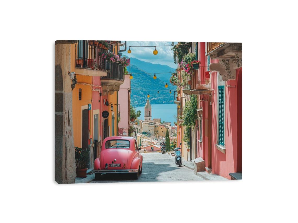 Pink vintage car on Mediterranean street with lake view for travel wall art.