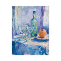 Blue painterly still life with glasses, bottle and orange for kitchen wall art.