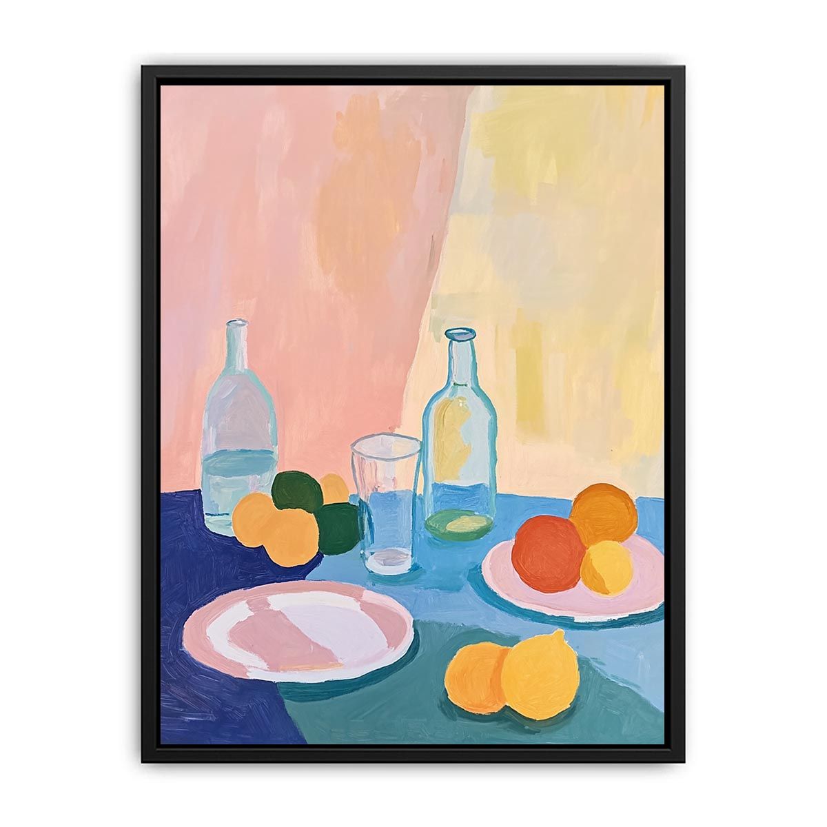 Pastel citrus still life with bottles and plates for modern kitchen decor.