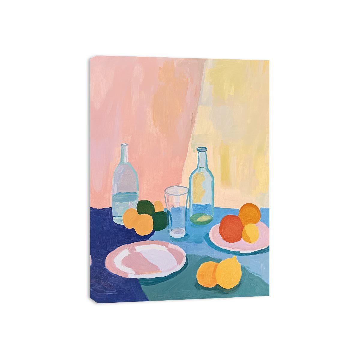 Pastel citrus still life with bottles and plates for modern kitchen decor.