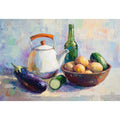 Painterly kitchen still life with kettle, bottle, fruit and vegetables.