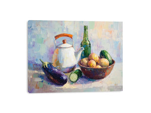 Painterly kitchen still life with kettle, bottle, fruit and vegetables.