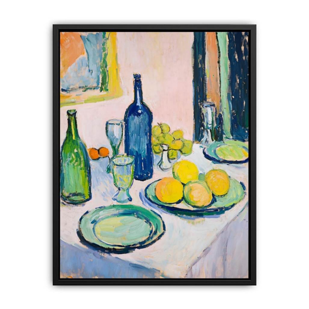 Blue bottle still life with fruit and tableware for dining room wall art.