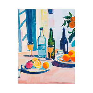 Modern citrus still life with bottles and orange fruit for kitchen decor.