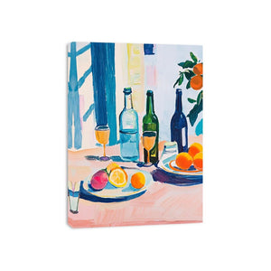 Modern citrus still life with bottles and orange fruit for kitchen decor.
