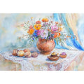 Floral watercolor still life canvas art with bouquet and pastries for elegant dining room decor.