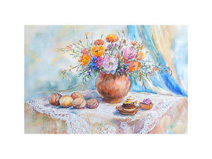 Floral watercolor still life canvas art with bouquet and pastries for elegant dining room decor.