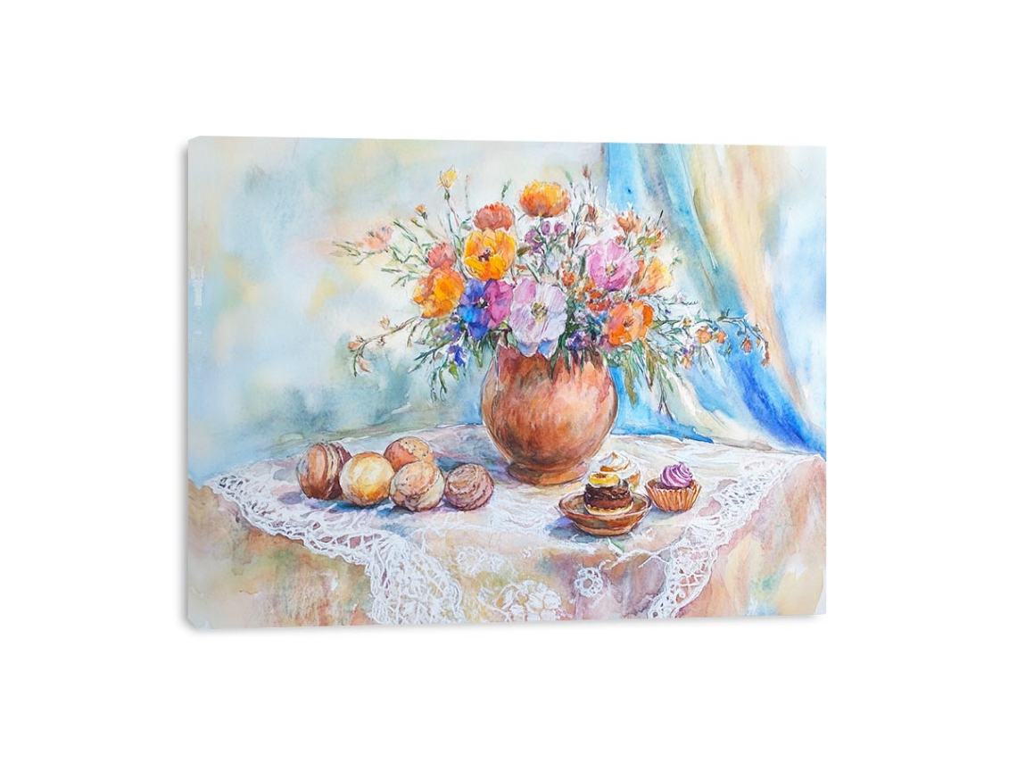 Floral watercolor still life canvas art with bouquet and pastries for elegant dining room decor.
