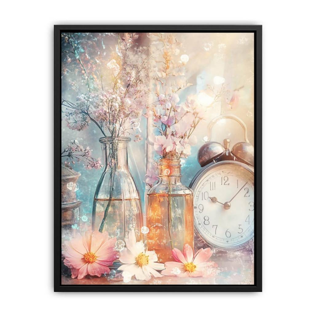 Vintage floral still life canvas art with glass bottles and clock for elegant bedroom decor.